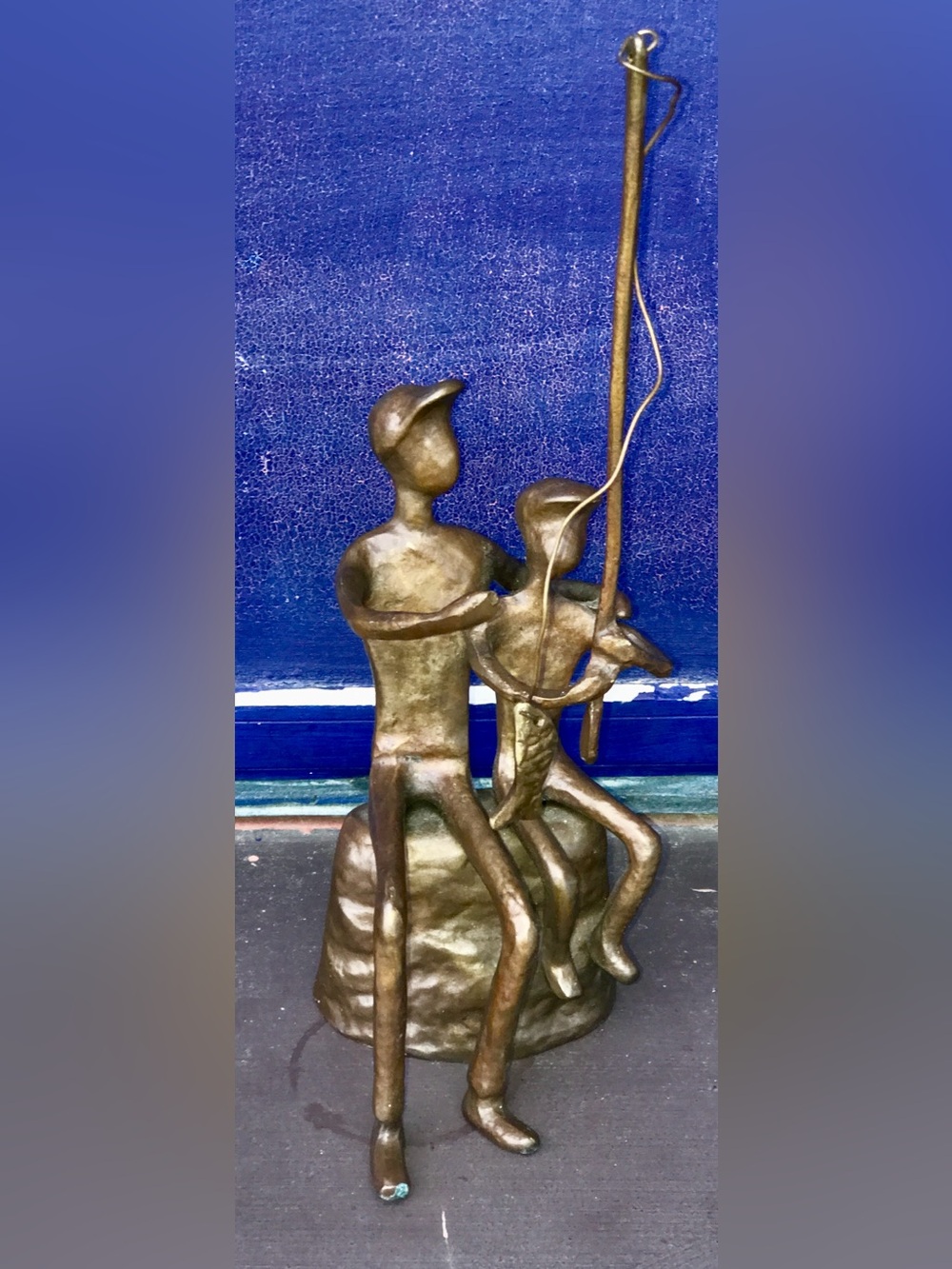 Mid Century Vintage Artisan Hand Cast Solid Bronze Father & Son Fishing Figurine